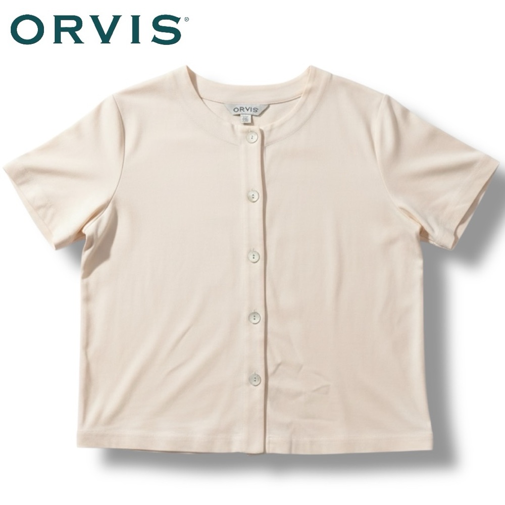 Orvis Pure Silk Twill Blouse Top Button Front Cream Sueded Short Sleeve | Size M